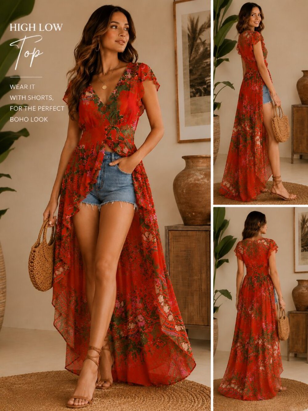 Windsor Tropical High Low Top Safari Boho Vacation Resort Goddess Floral Orange